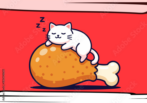 cute cartoon cat sleeping on chicken drumstick vector illustration