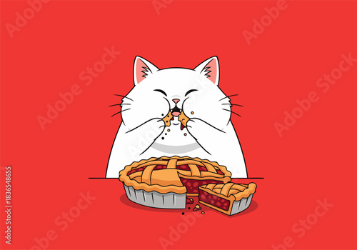 cute cartoon cat eating pie vector illustration