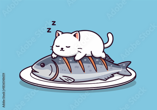 cute cartoon cat sleeping on big fish vector illustration