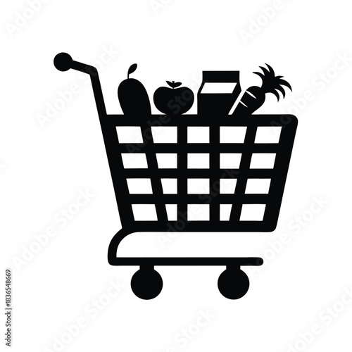 Black shopping cart filled with vegetables and fruit looks ready to checkout quickly