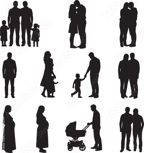 Diverse family and couple silhouettes black and white