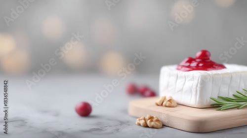 Gourmet Camembert Cheese with Cranberry Sauce, Walnuts, and Rosemary on a Wooden Board