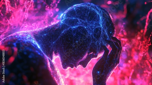 Cyber AI-enhanced humanoid robot deep in thought.
