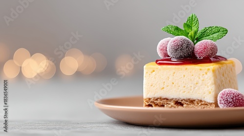 Delicious Cheesecake Slice with Sugared Berries and Mint