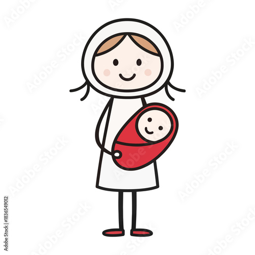 Simple stick figure woman holding a wrapped baby