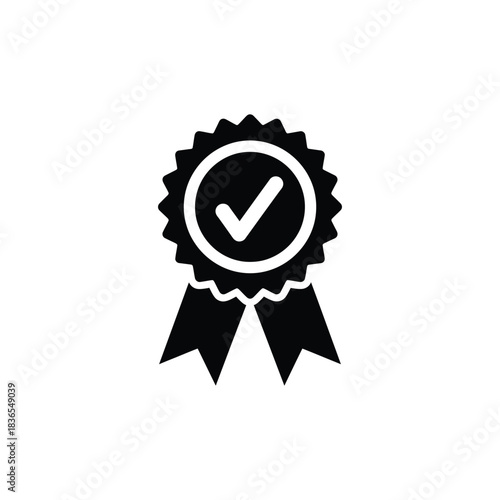 Black and white ribbon award with checkmark icon for quality and approval