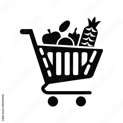 Shopping cart filled with fresh produce like apples, pepper, and pineapple is visualized here