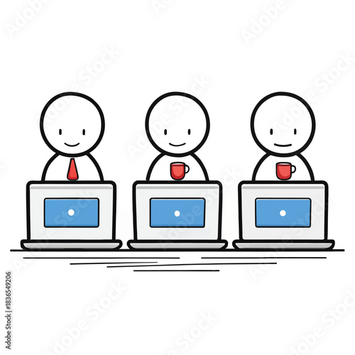 Three stick figure coworkers collaborate at a simple desk