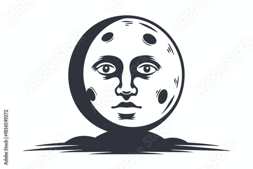 Celestial face with crescent moon above watches calmly from within a circular frame