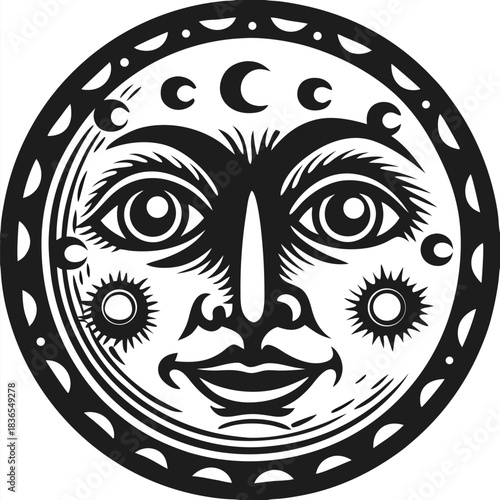 Crescent moon face reveals stars and celestial bodies in a monochrome artistic depiction