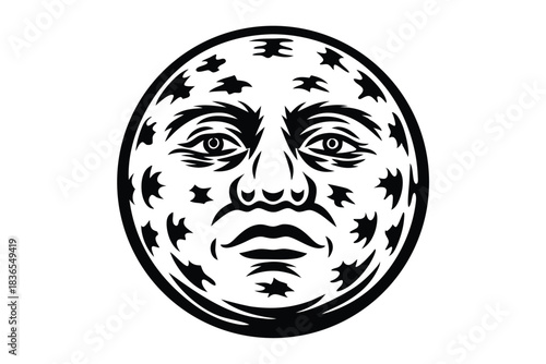 Black and white humanlike face emerges from a moon encircled by pointed projections along its rounded form