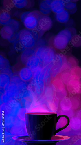 a glowing cup of coffee with colorful smoke rising from it