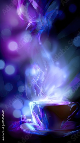 a glowing cup of coffee with colorful smoke rising from it