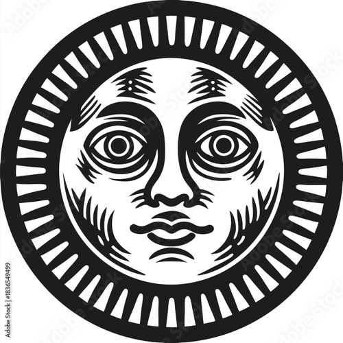 The moon face stares forward with classic black detailing against white background
