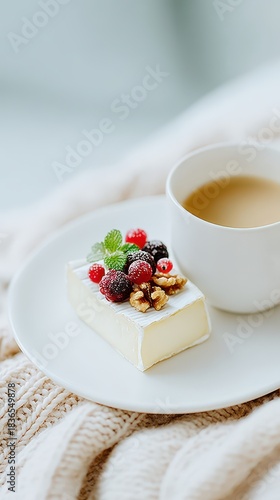 Gourmet Brie Cheese with Fresh Berries, Walnuts, and Coffee on a Cozy Blanket