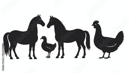 Silhouette Vector of Horses, Duck, and Chicken in Minimalist Farm Animal Set