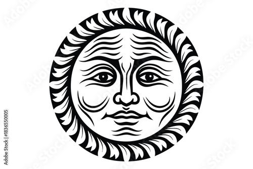 Smiling moon face with detailed features against white background is rendered in monochrome