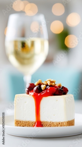 Slice of Cheesecake with Cranberries, Walnuts, and White Wine