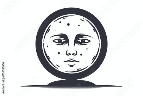 Dark sun face with rays watches over a shadowy landscape with clouds