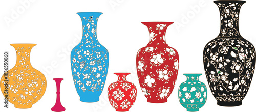 Collection of Decorative Ceramic Vases with Floral Patterns