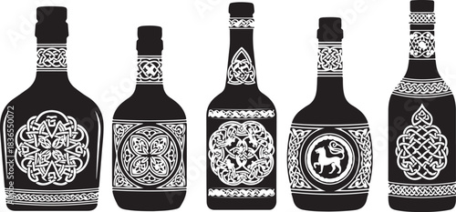 Five Black Silhouettes of Celtic Knot Decorated Bottles