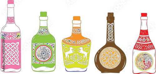 Five Colorful Bottles with Celtic Knot Patterns container