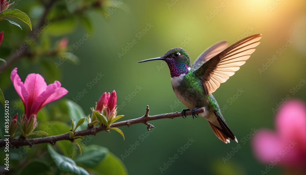 Naklejka premium Emerald hummingbird hovers near pink blossoms on branch bathed in sunlight. Tiny bird displays vibrant iridescent feathers against green foliage backdrop. Image captures beauty of wildlife, natural