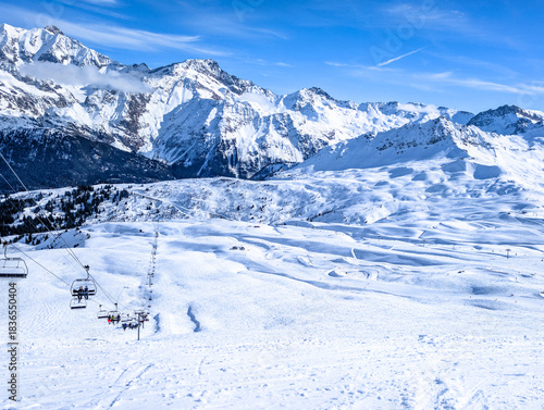 Mountains and skiing in Les Contamines, French alps.