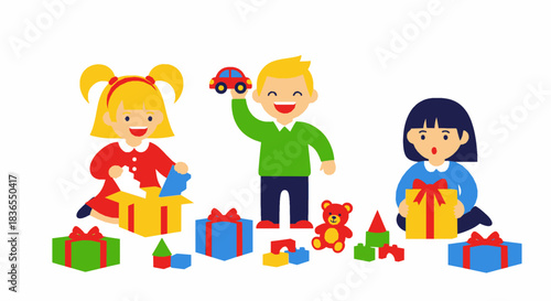 Children Opening Christmas Gifts Happily