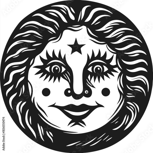 Black and white portrays a smiling cartoon moon face within a circle