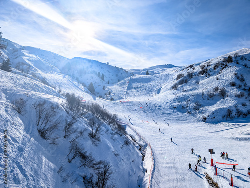 Mountains and skiing in Les Contamines, French alps.