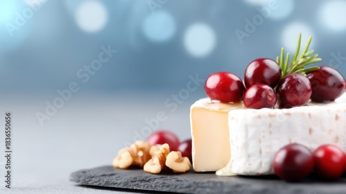 Gourmet Brie Cheese with Cranberries, Walnuts, and Rosemary on Slate