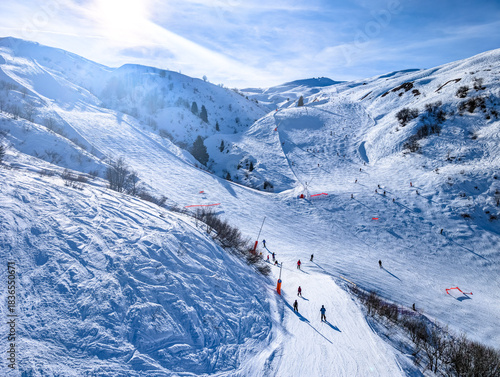 Mountains and skiing in Les Contamines, French alps.
