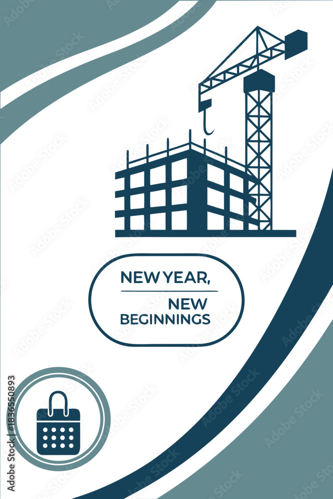 Naklejka premium 2027 Poster – New Year, New Beginnings Design with Crane, Building, and Calendar Icons