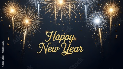 Festive Happy New Year digital illustration, silver and gold fireworks, glowing confetti, dark cinematic background, high-res celebratory artwork