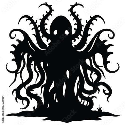 Silhouette of menacing octopuslike creature with tentacles evokes horror in dark fantasy settings