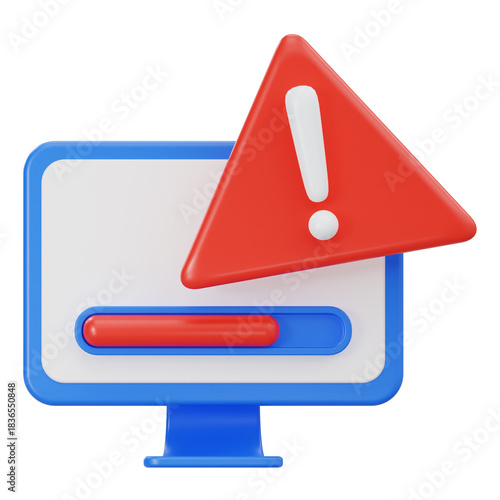 3d rendering computer system error icon with red warning triangle and loading bar