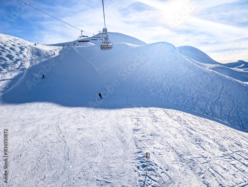 Mountains and skiing in Les Contamines, French alps.