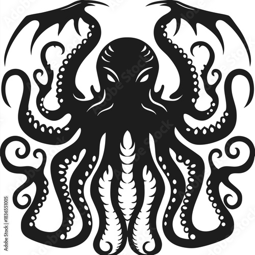 Ornate black octopus with wings shows gothic sea monster art