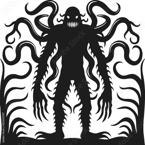 Menacing silhouette of a monster with tentacles emerges between silhouetted trees in the black