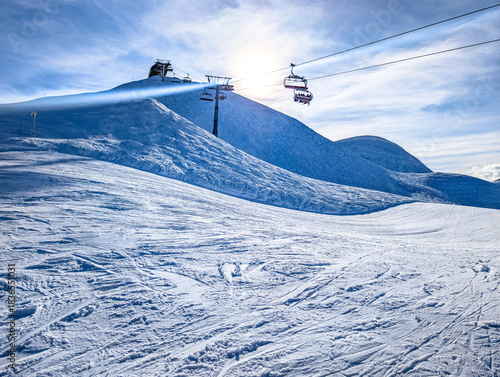 Mountains and skiing in Les Contamines, French alps.