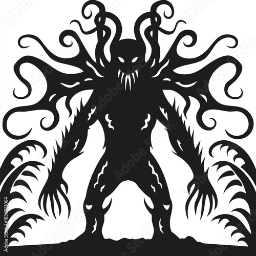 Shadowy monster with tentacles and sharp claws is standing menacingly against a stark white backdrop