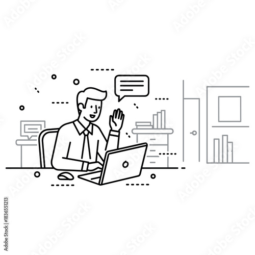 Young caucasian male professional video calling in office workspace illustration