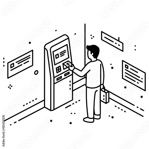 Asian male adult using atm machine in a minimalist illustration setting
