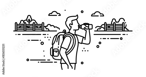Young caucasian male hiking with backpack and drinking water outdoors