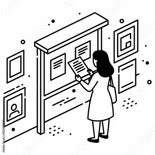 Female asian adult reading bulletin board with notices and posters in mono illustration