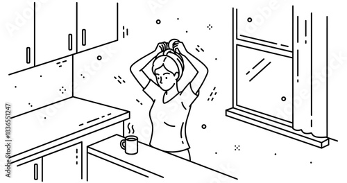 Female asian young adult fixing hair in kitchen with coffee