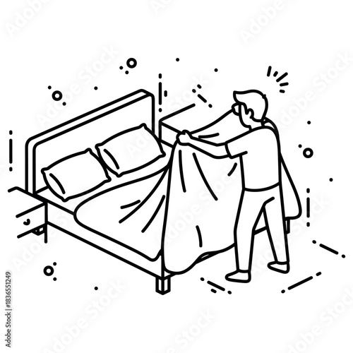 Young caucasian male making bed in minimalist line art style