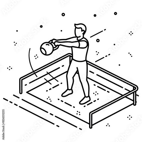 Male performing kettlebell swing in stylized line art illustration