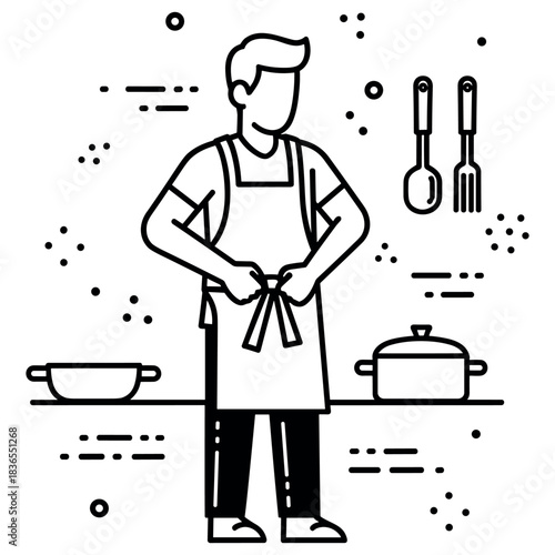 Male chef icon: caucasian man cooking in kitchen with apron and cookware